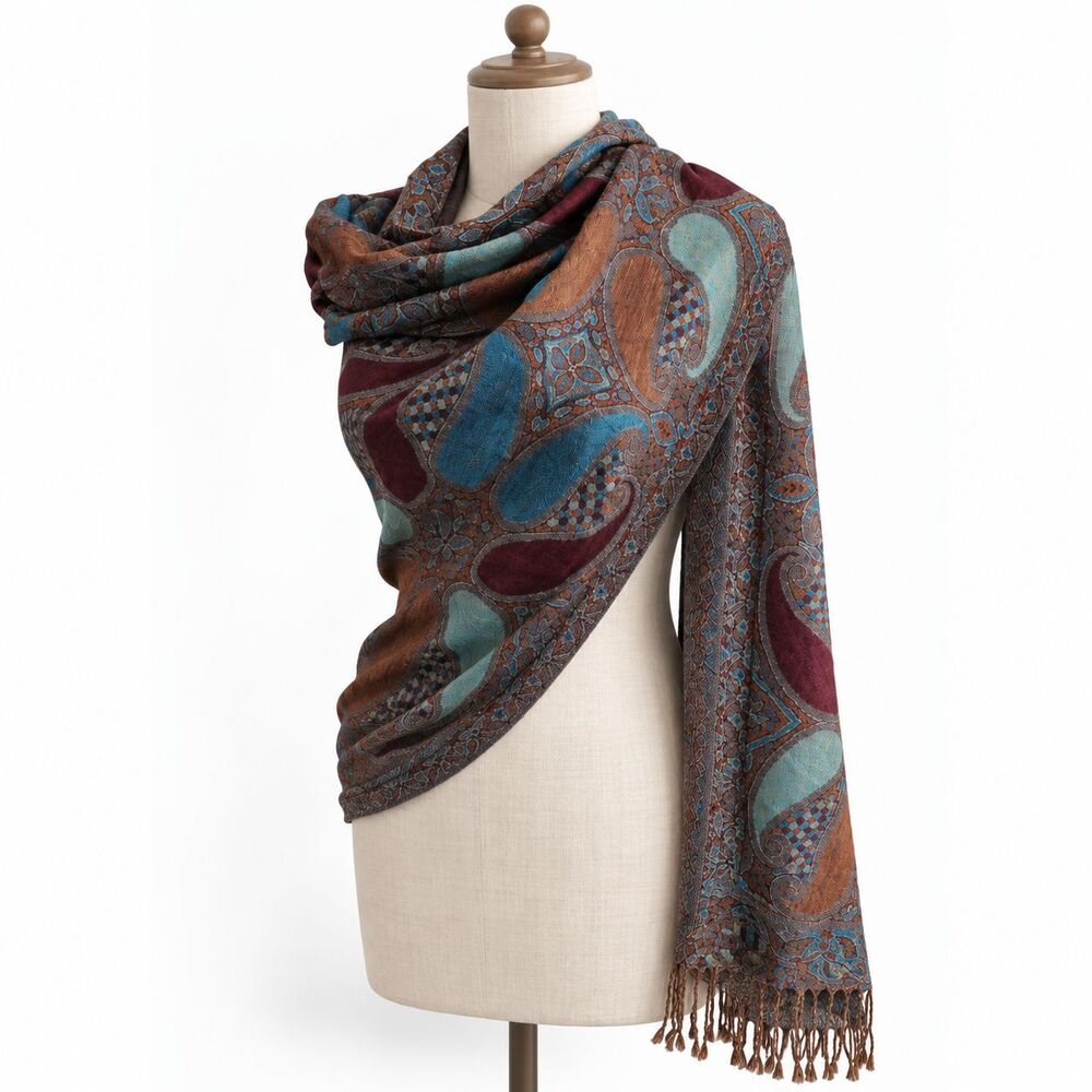 Pashmina Silk Paisley Shawl Wrap 70/30 Blue Plum Gold Reversible Fringed Scarf